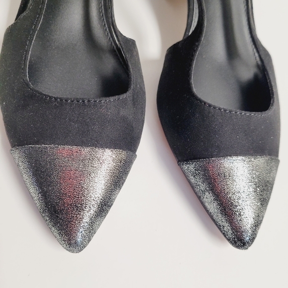 Express Black Silver Cap Pointed Toe Sling Back Block Heels Size 6 - Picture 6 of 8